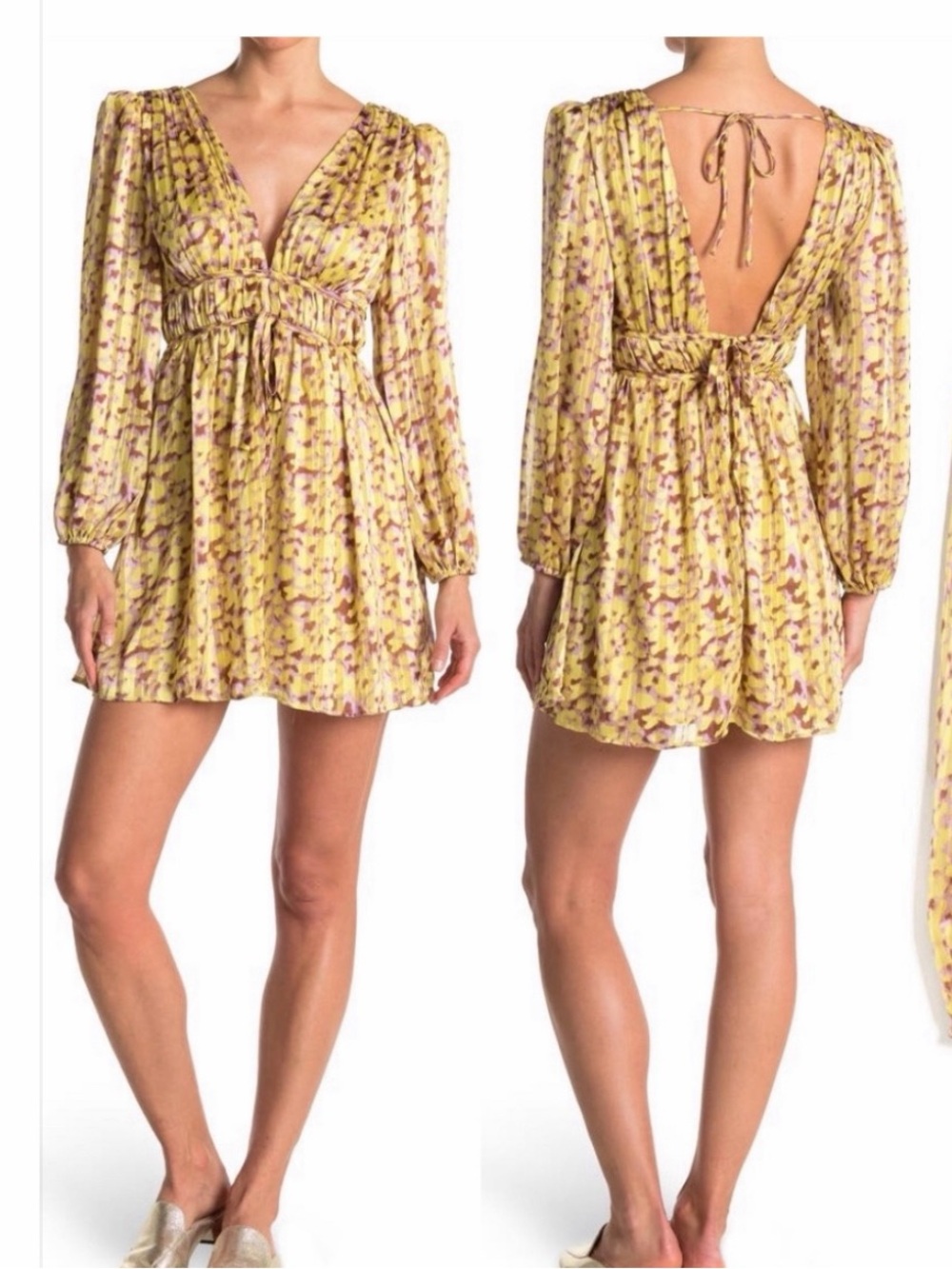 Lush Yellow Floral V-Neck Open-Back Mini Dress